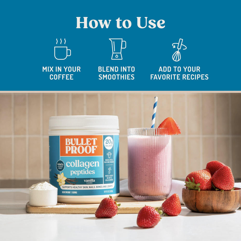Bulletproof Vanilla Collagen Peptides label close-up showing clean ingredients.