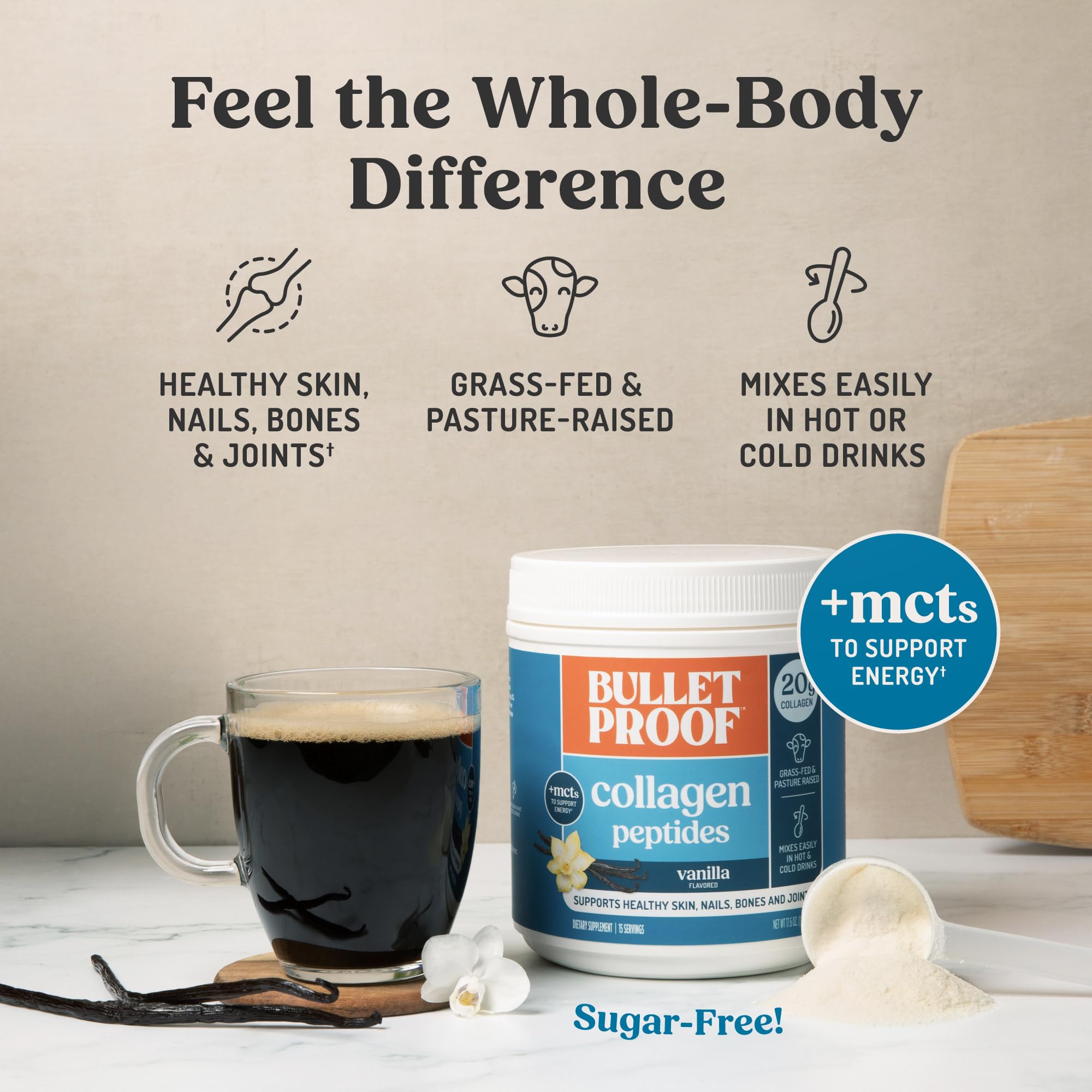 Bulletproof Vanilla Collagen Peptides in smoothie for creamy texture and protein.