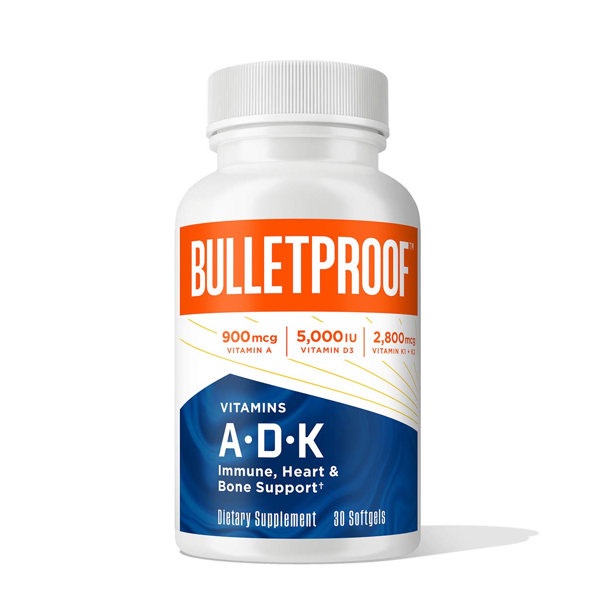 Bulletproof vitamins A-D-K softgels bottle highlighting immune and bone support