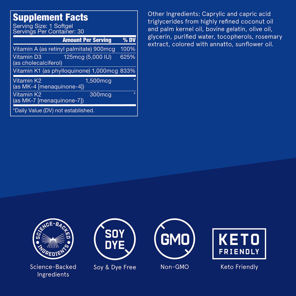 Bulletproof vitamins A-D-K softgels label shows purity and ingredient blend for health