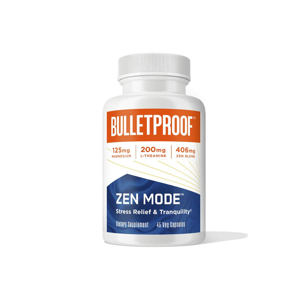Bulletproof Zen Mode bottle front view for calm focus support during stressful days.