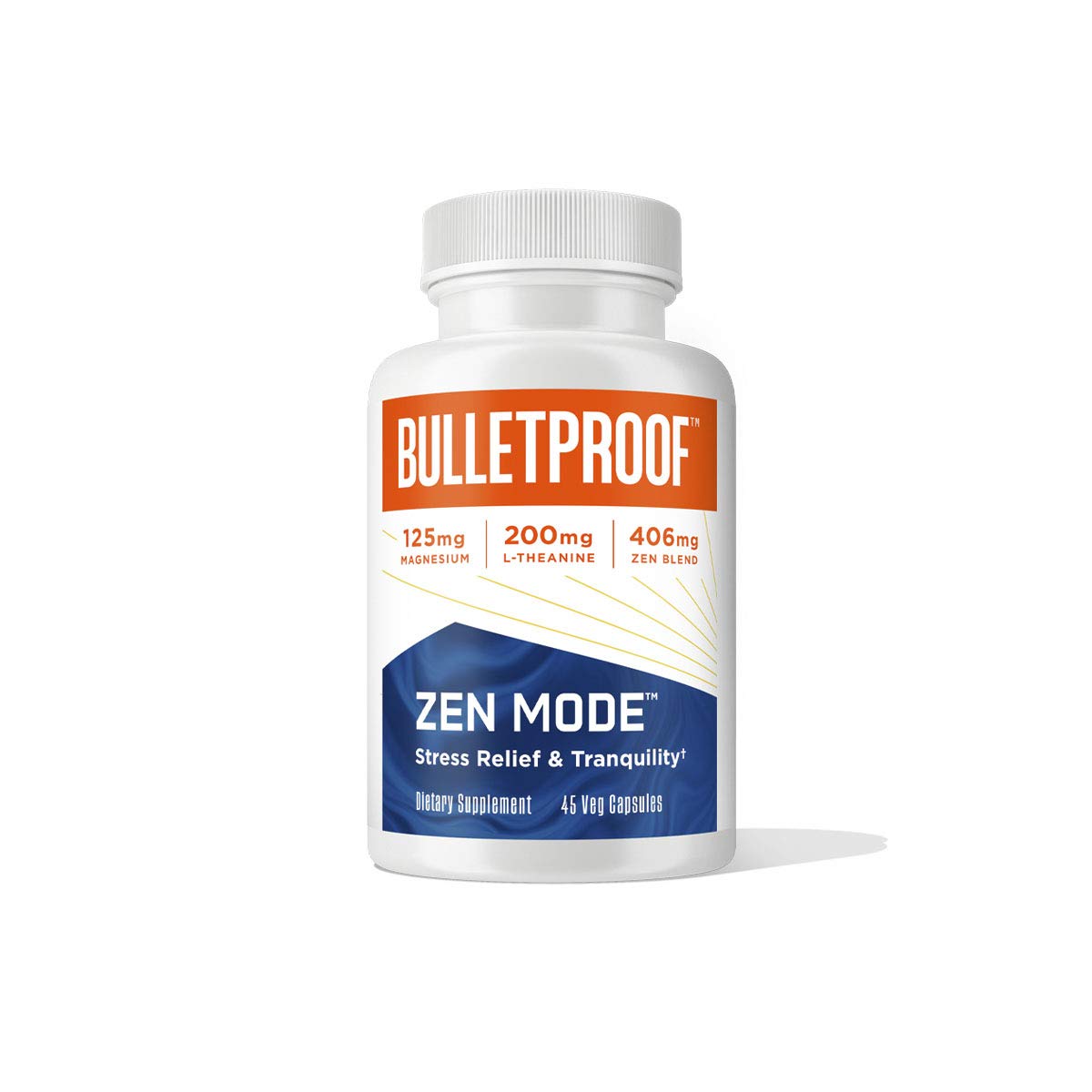 Bulletproof Zen Mode bottle front view for calm focus support during stressful days.