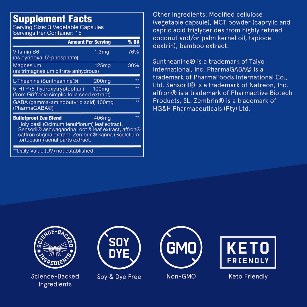 Bulletproof Zen Mode label close-up showing purity and science-backed ingredients.