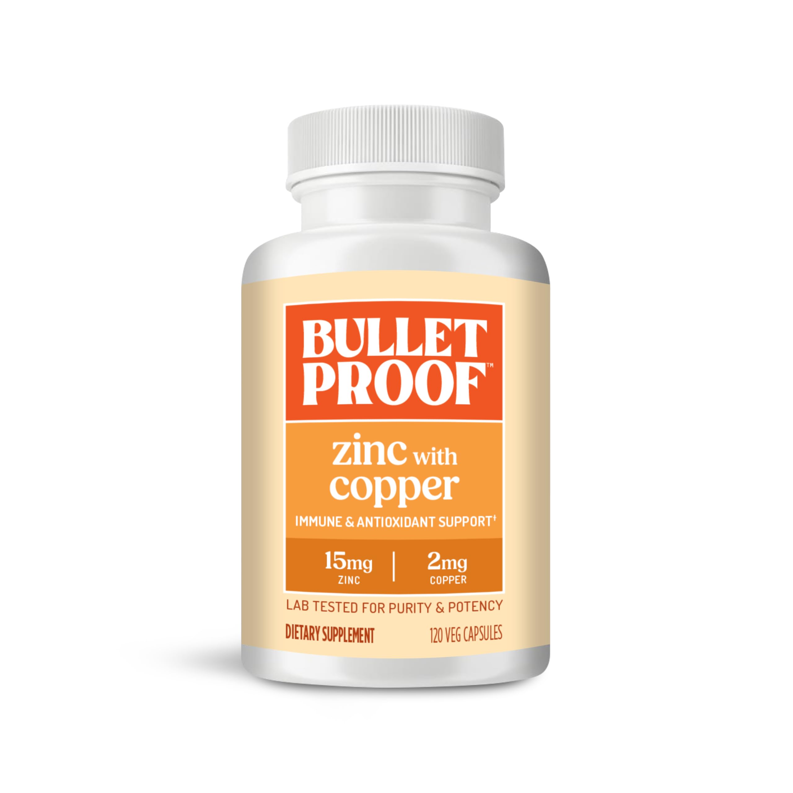 Bulletproof Zinc with Copper bottle front—may support immune function and mood when taken with meals.