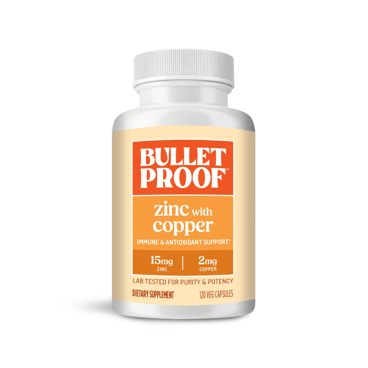 Bulletproof Zinc with Copper bottle front—may support immune function and mood when taken with meals.