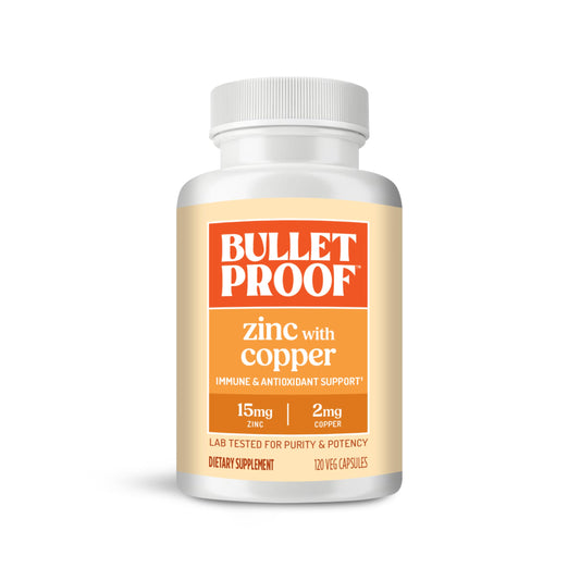 Bulletproof Zinc with Copper bottle front—may support immune function and mood when taken with meals.