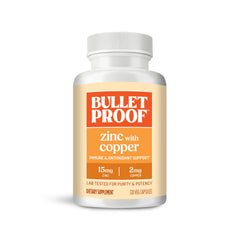 Bulletproof Zinc with Copper bottle front—may support immune function and mood when taken with meals.