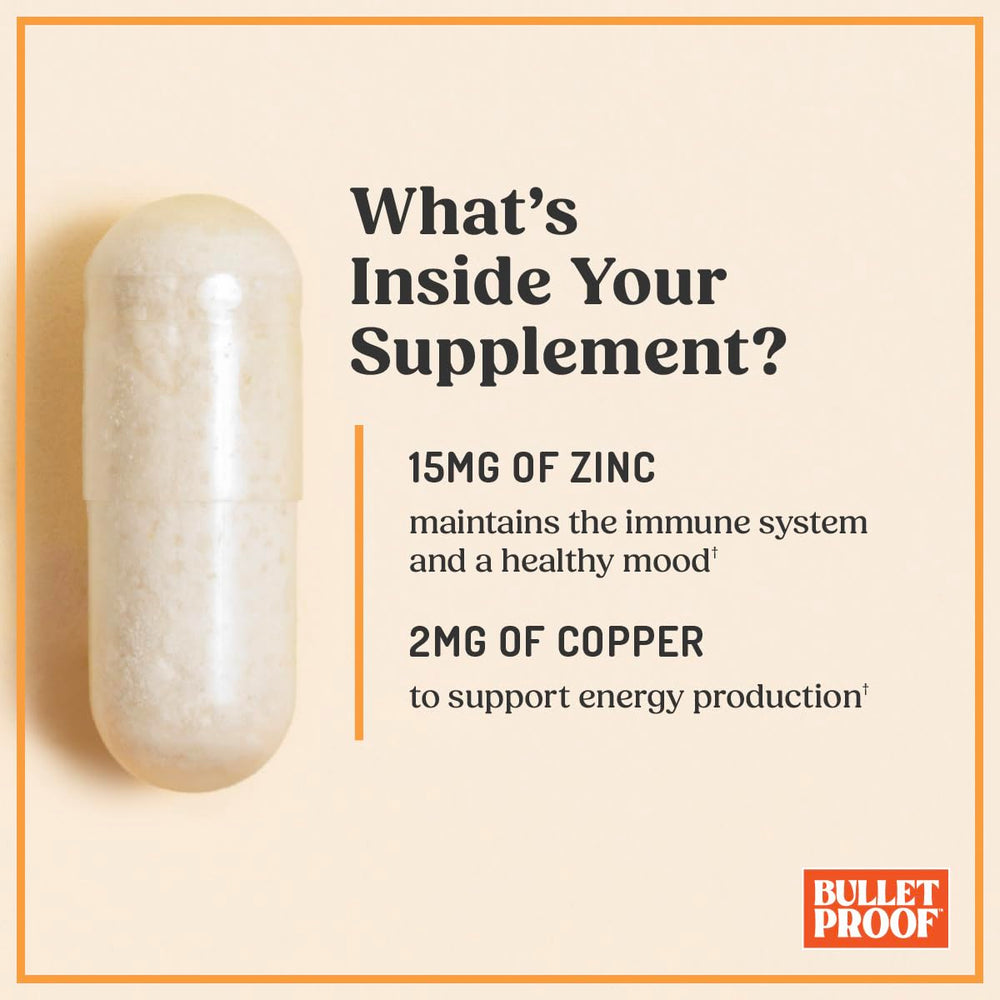 Bulletproof Zinc with Copper glass and pills—simple daily ritual with meals.