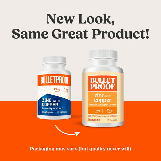 Bulletproof Zinc with Copper label close-up—highlights minerals for daily energy and wellbeing.