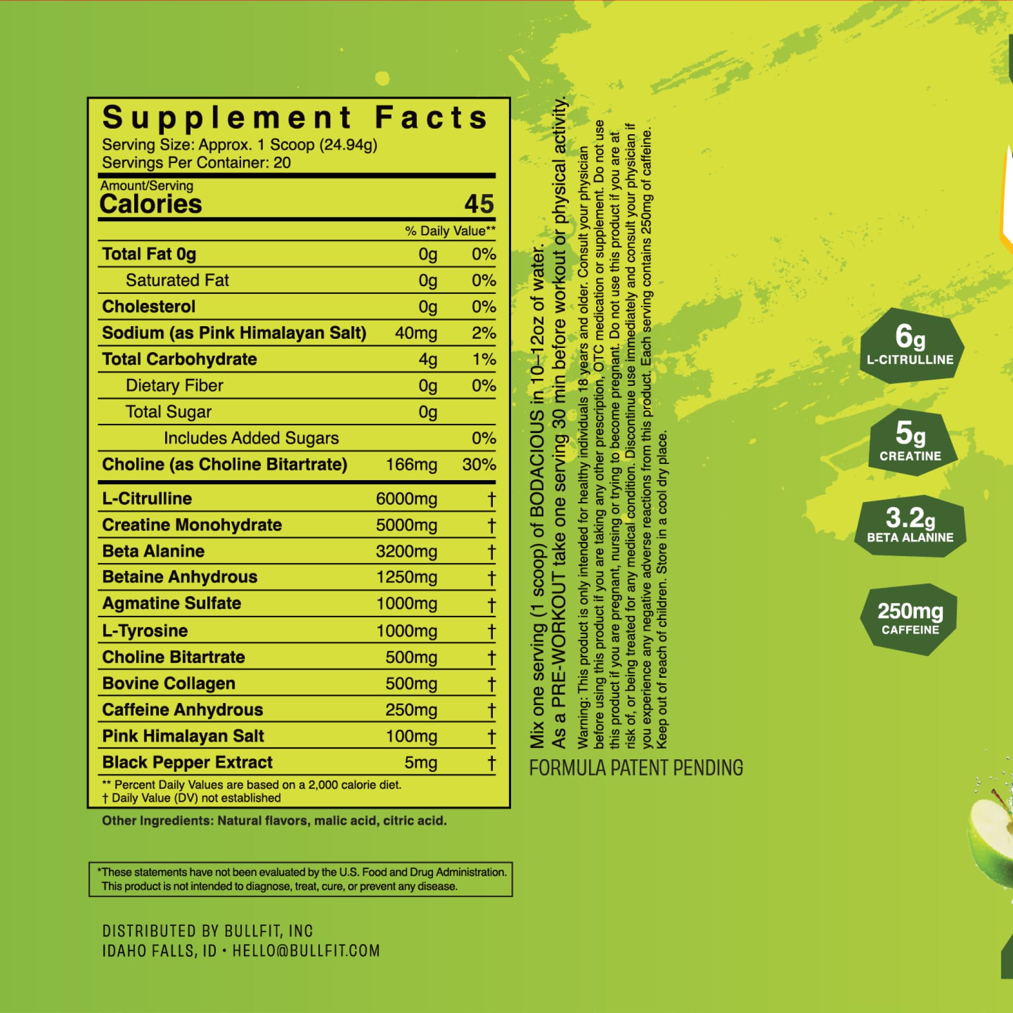 BullFit Bodacious Pre-Workout Pina Coolada scoop boosts energy for workouts.