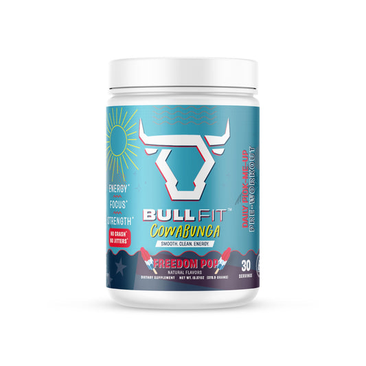 BULLFIT Cowabunga Peach Mango pre-workout bottle pour for clean energy during training