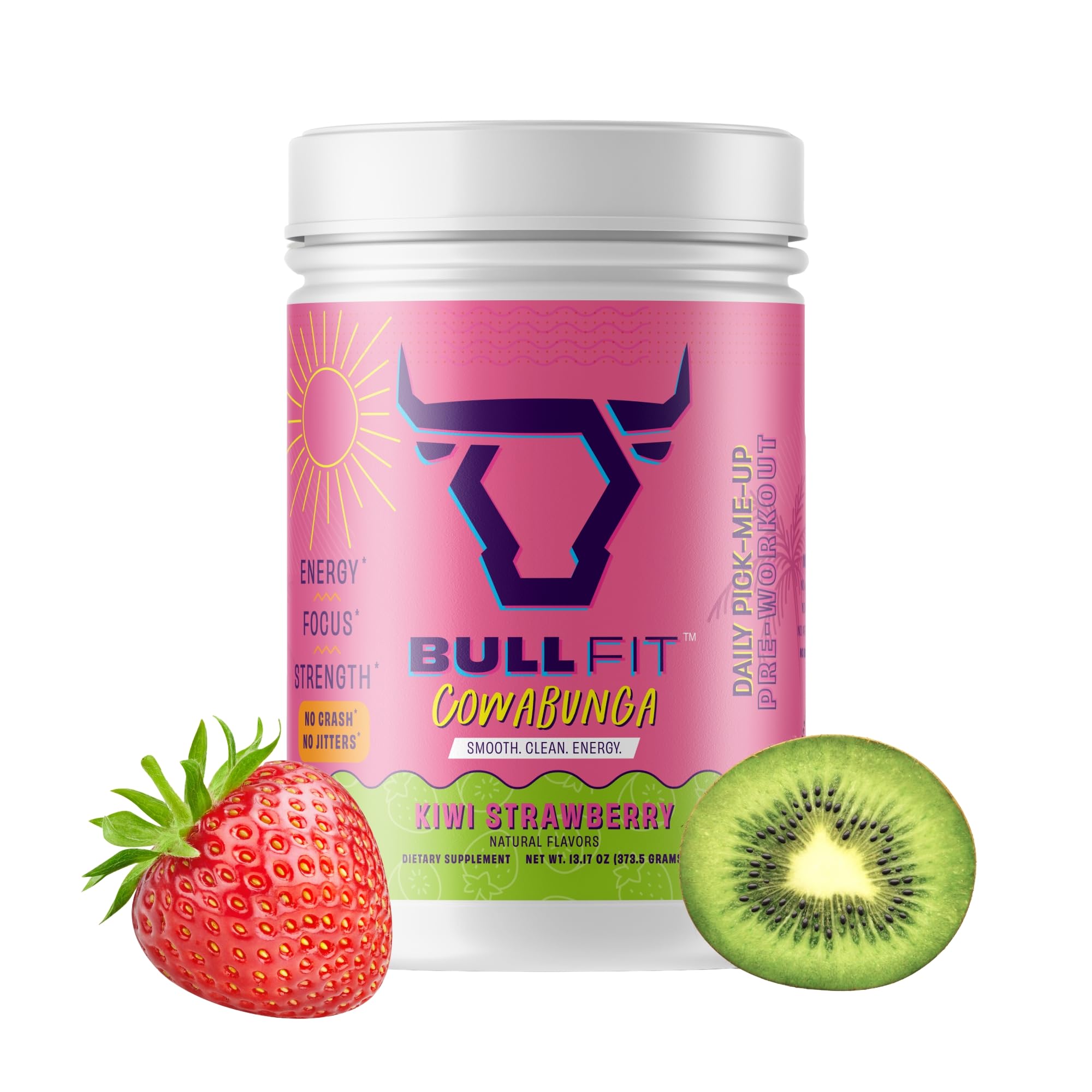 Bullfit Pre-Workout Kiwi Strawberry tub highlighting the clean energy formula for workouts.