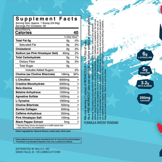 BullFit Pre-Workout Pina Colada tub close-up emphasizes clean formula and hydration support.