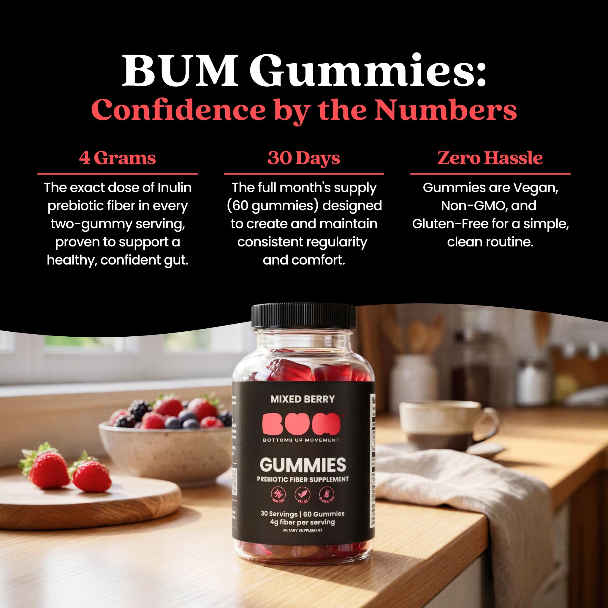 BUM Gummy serving illustrates 4g inulin per serving for gut support.