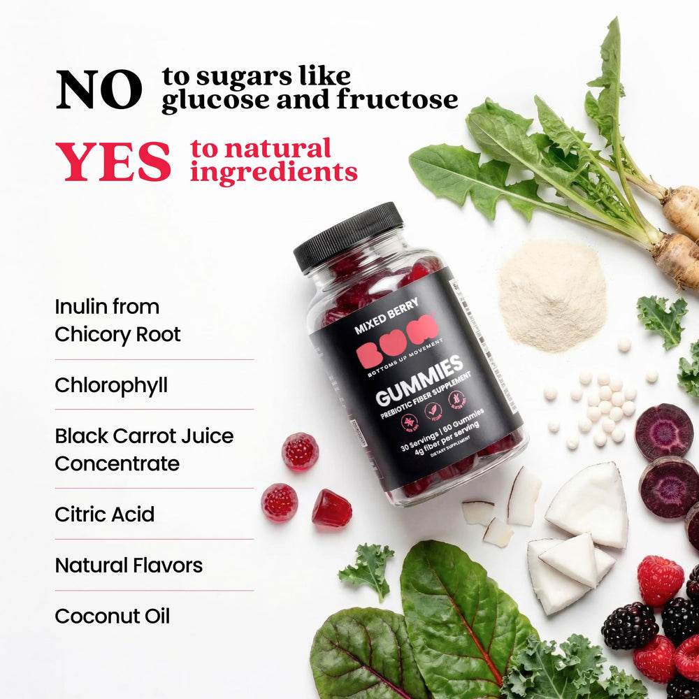 BUM Berry flavored gummies close-up showing easy daily fiber support.