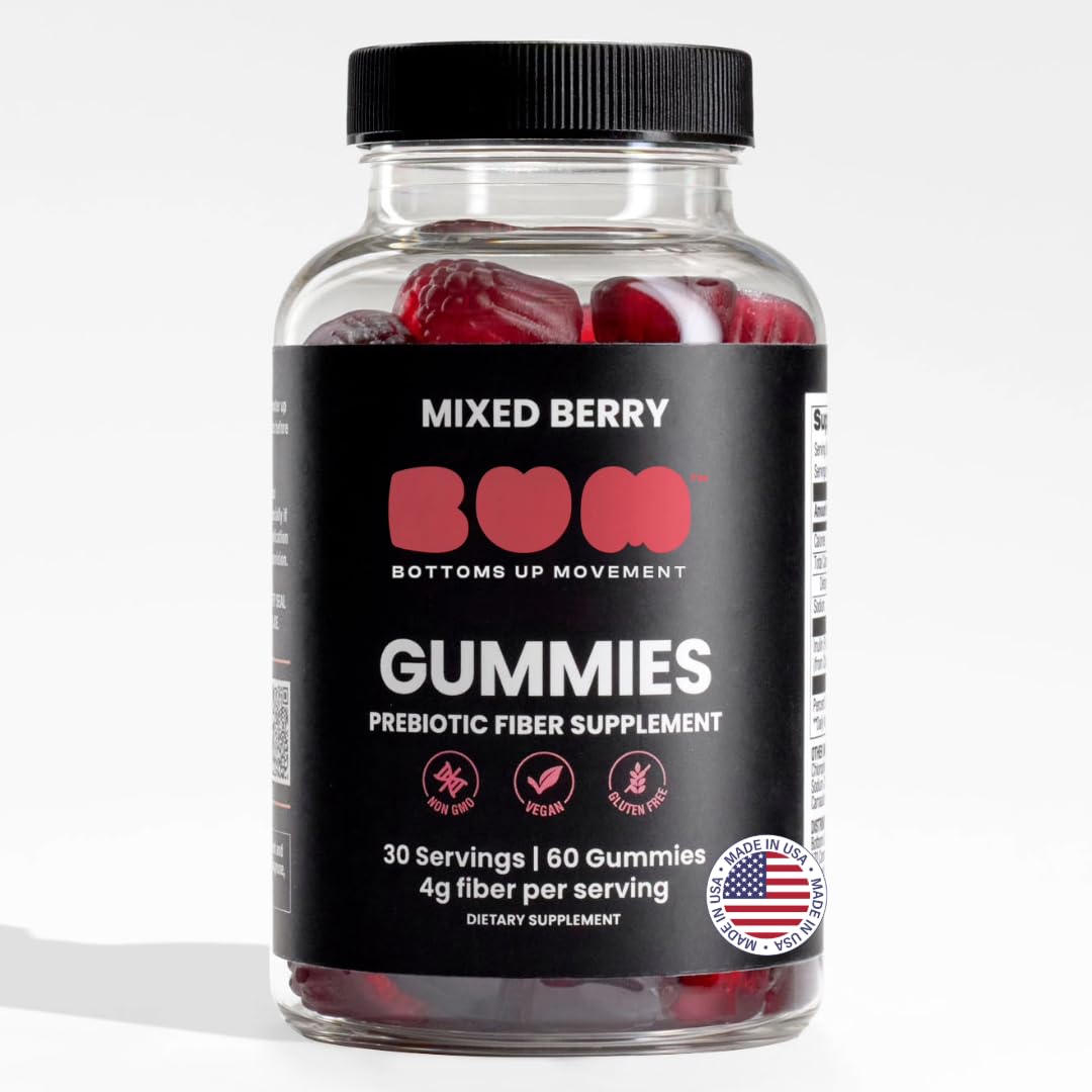 BUM Bum Prebiotic Gummies berry bottle for daily gut balance.