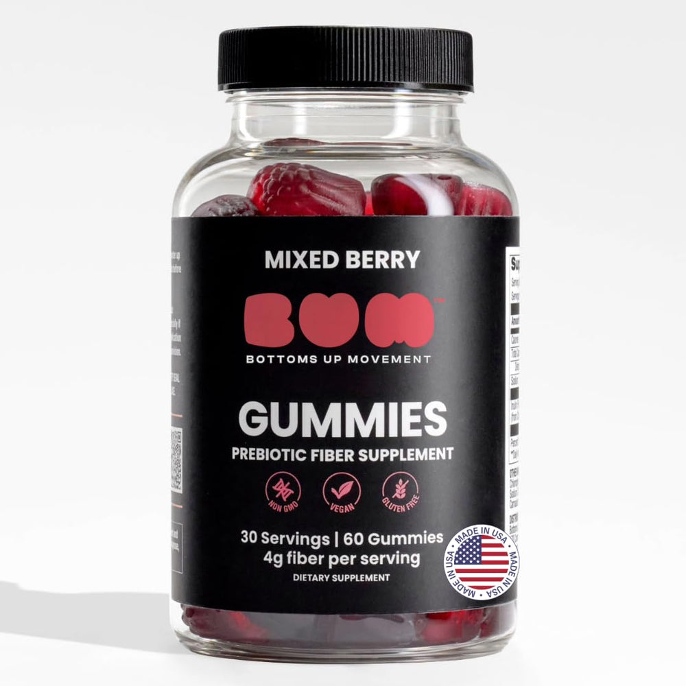 BUM Bum Prebiotic Gummies berry bottle for daily gut balance.