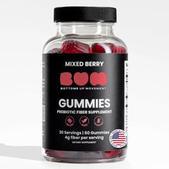 BUM Bum Prebiotic Gummies berry bottle for daily gut balance.
