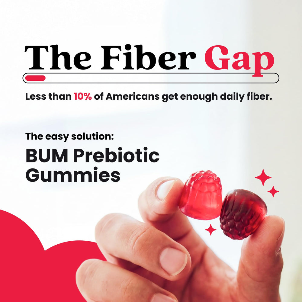 BUM Gummies texture close-up emphasizing fiber content without sugar.