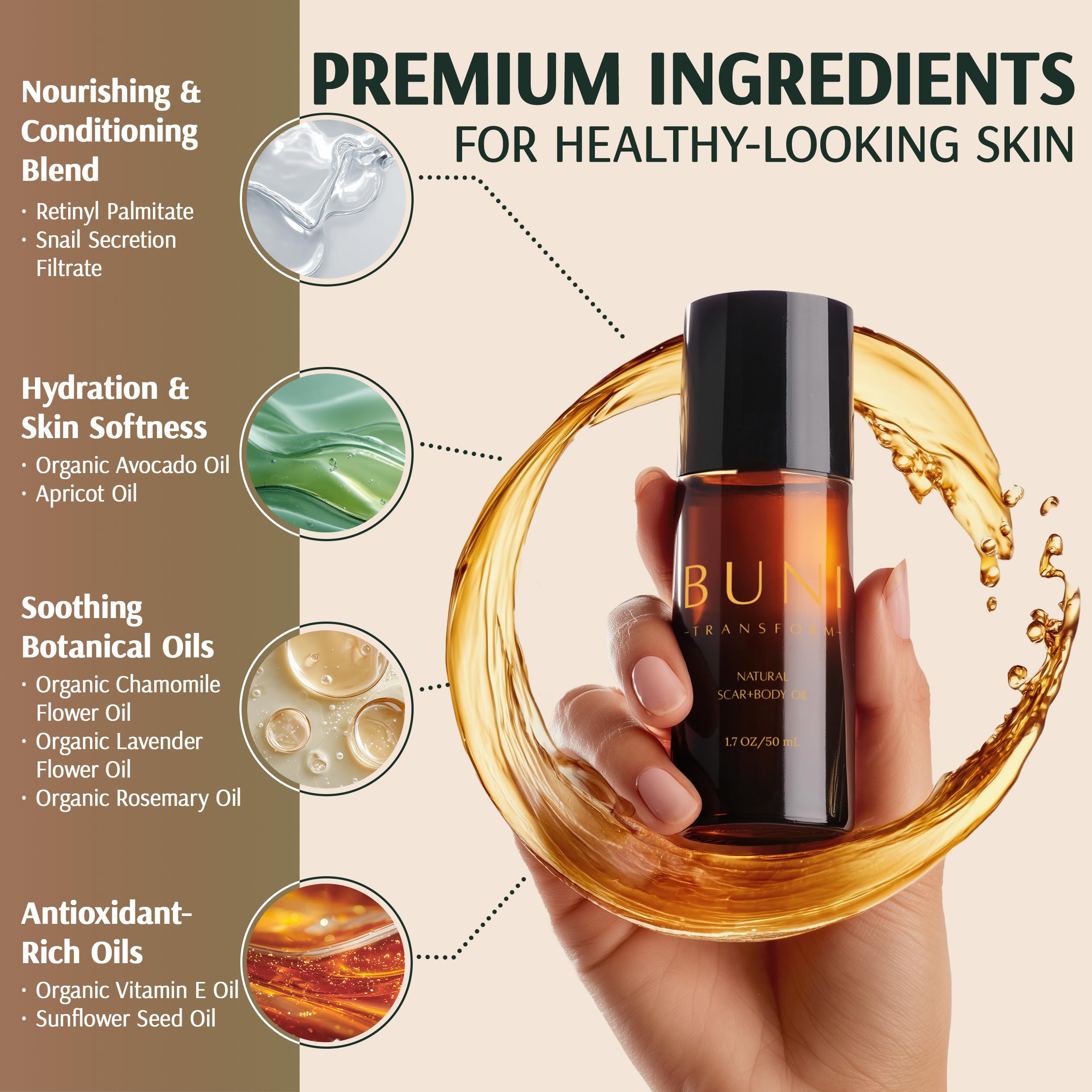 BUNI Scar & Body Oil bottle with silky texture for conditioned skin.