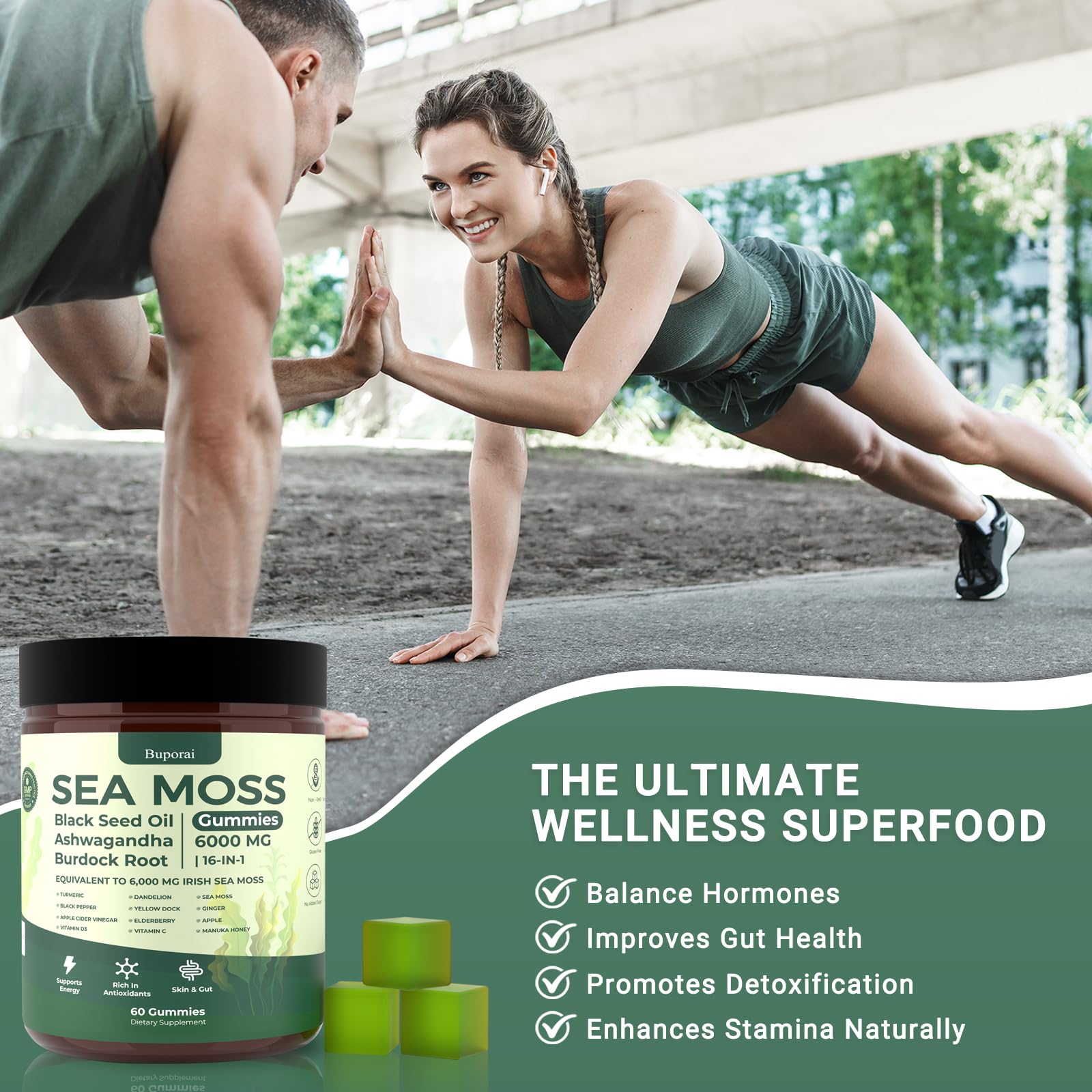Buporai Sea Moss Gummies serving with glass of water for daily habit.