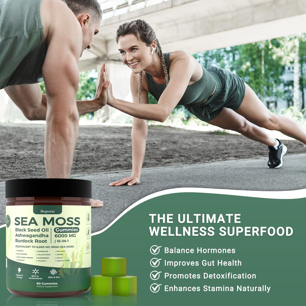 Buporai Sea Moss Gummies serving with glass of water for daily habit.