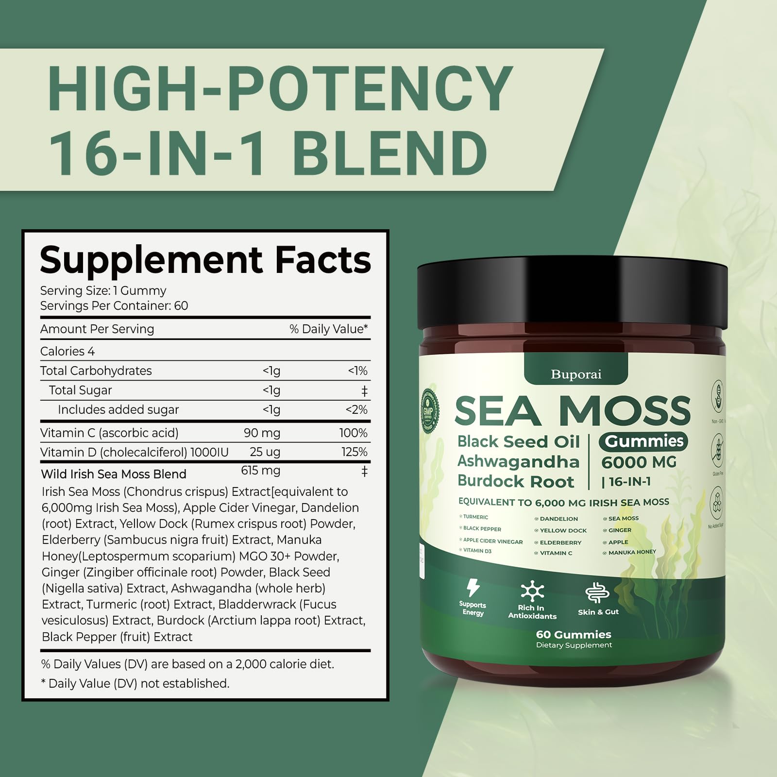 Buporai Sea Moss Gummies on hand beside bottle highlights easy daily use.