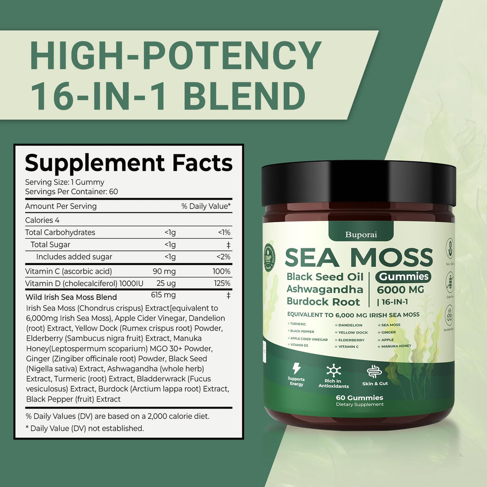 Buporai Sea Moss Gummies on hand beside bottle highlights easy daily use.