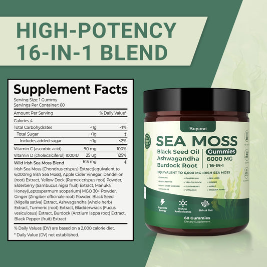Buporai Sea Moss Gummies on hand beside bottle highlights easy daily use.