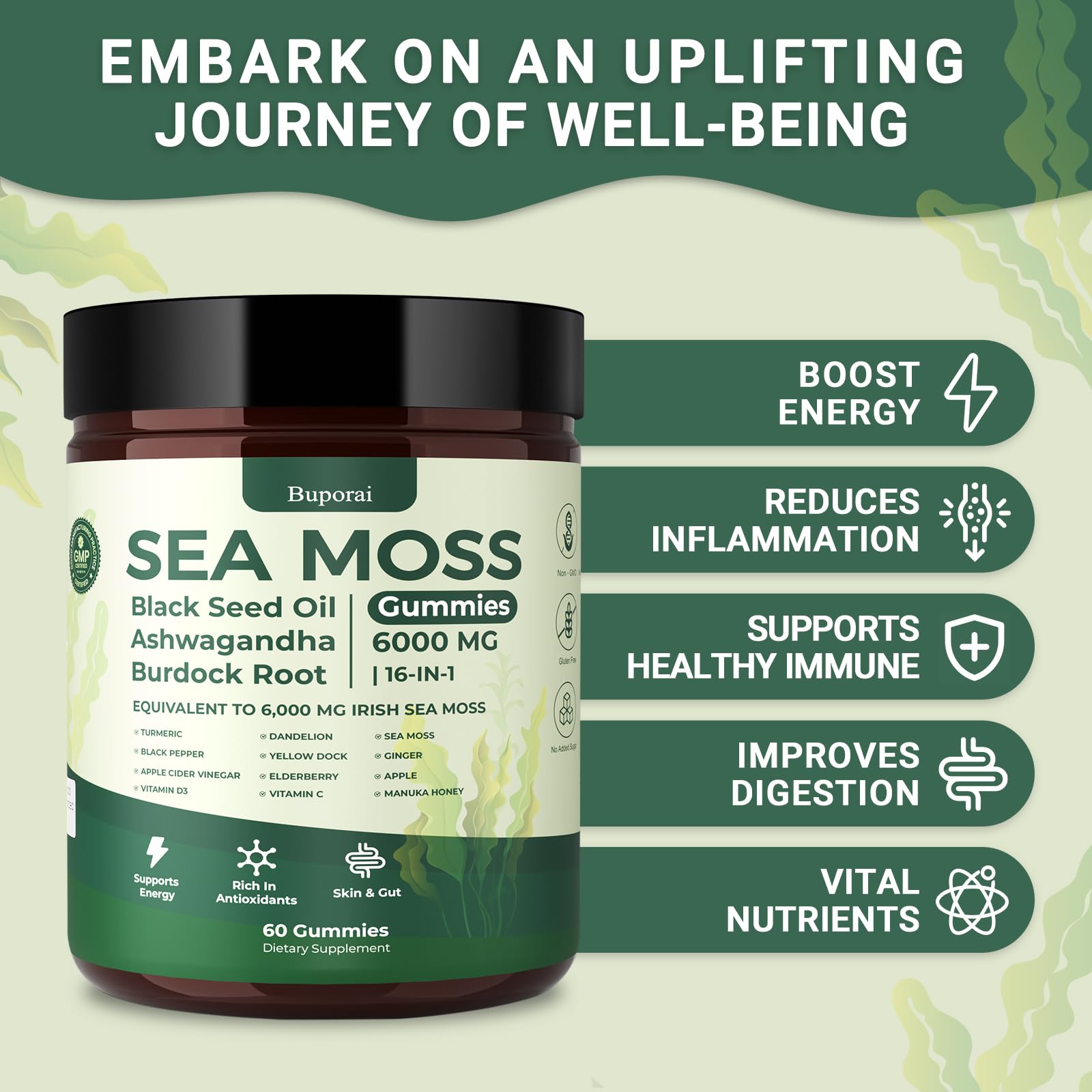 Buporai Sea Moss Gummies ingredient close-up with bladderwrack and sea moss.