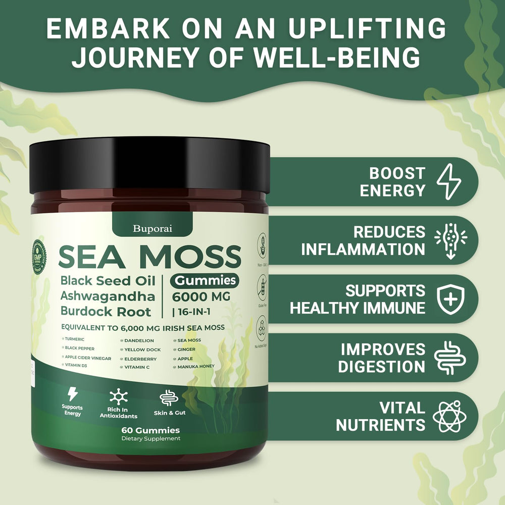 Buporai Sea Moss Gummies ingredient close-up with bladderwrack and sea moss.