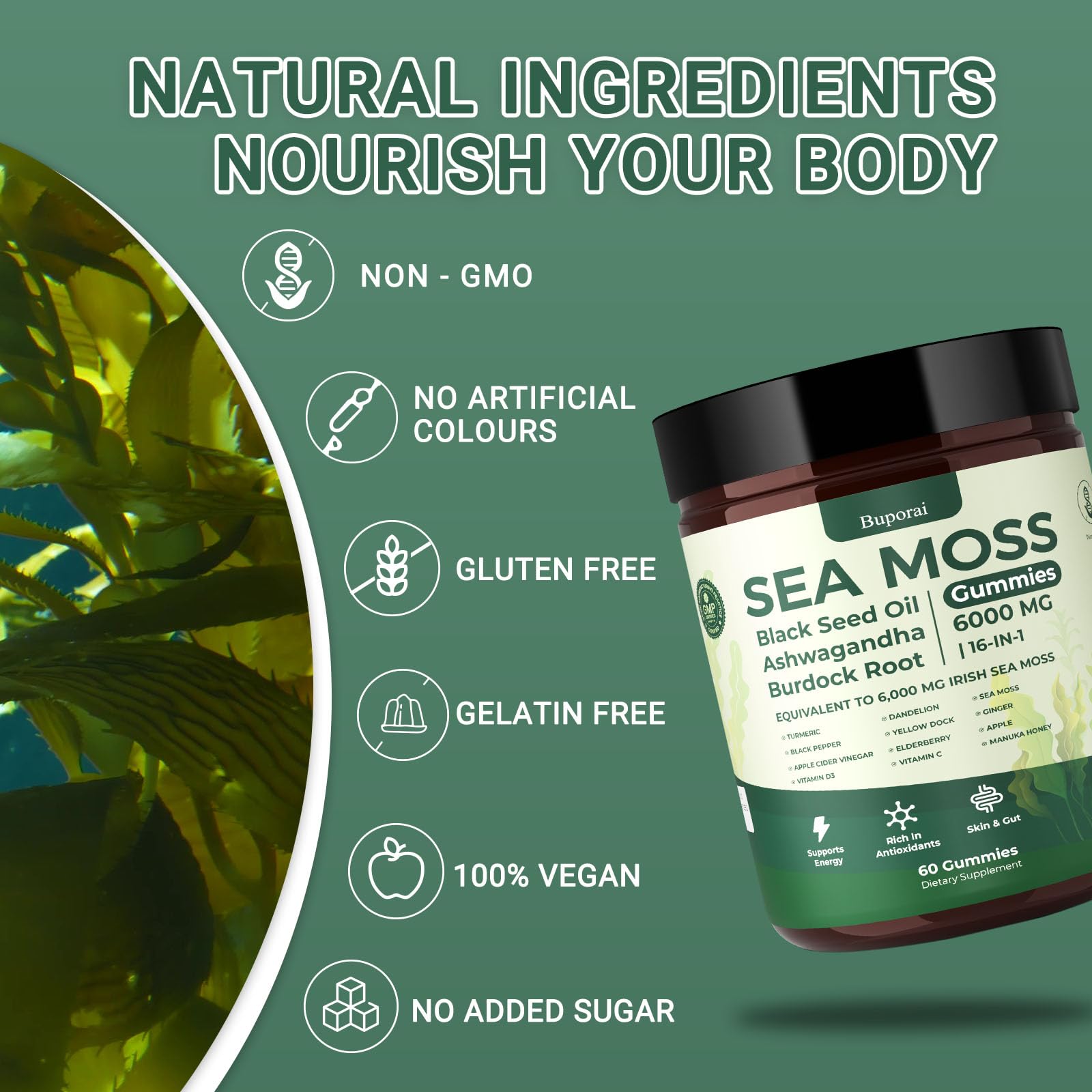 Buporai Sea Moss Gummies label close-up showing clean, allergen-free formula.