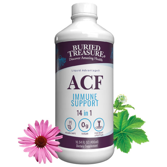 Buried Treasure ACF Advanced Immune Support bottle ready for daily dosing.