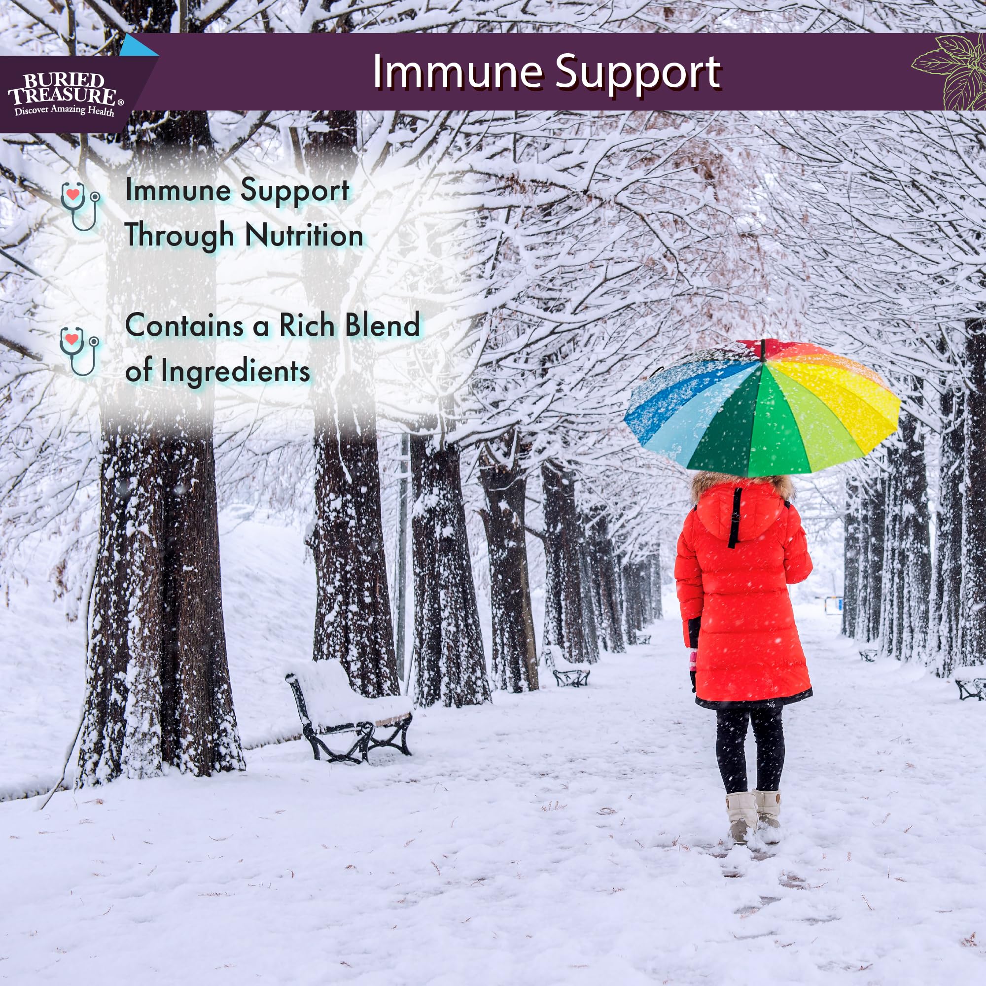 Buried Treasure ACF Advanced Immune Support label highlights vegan, gluten-free formulation.
