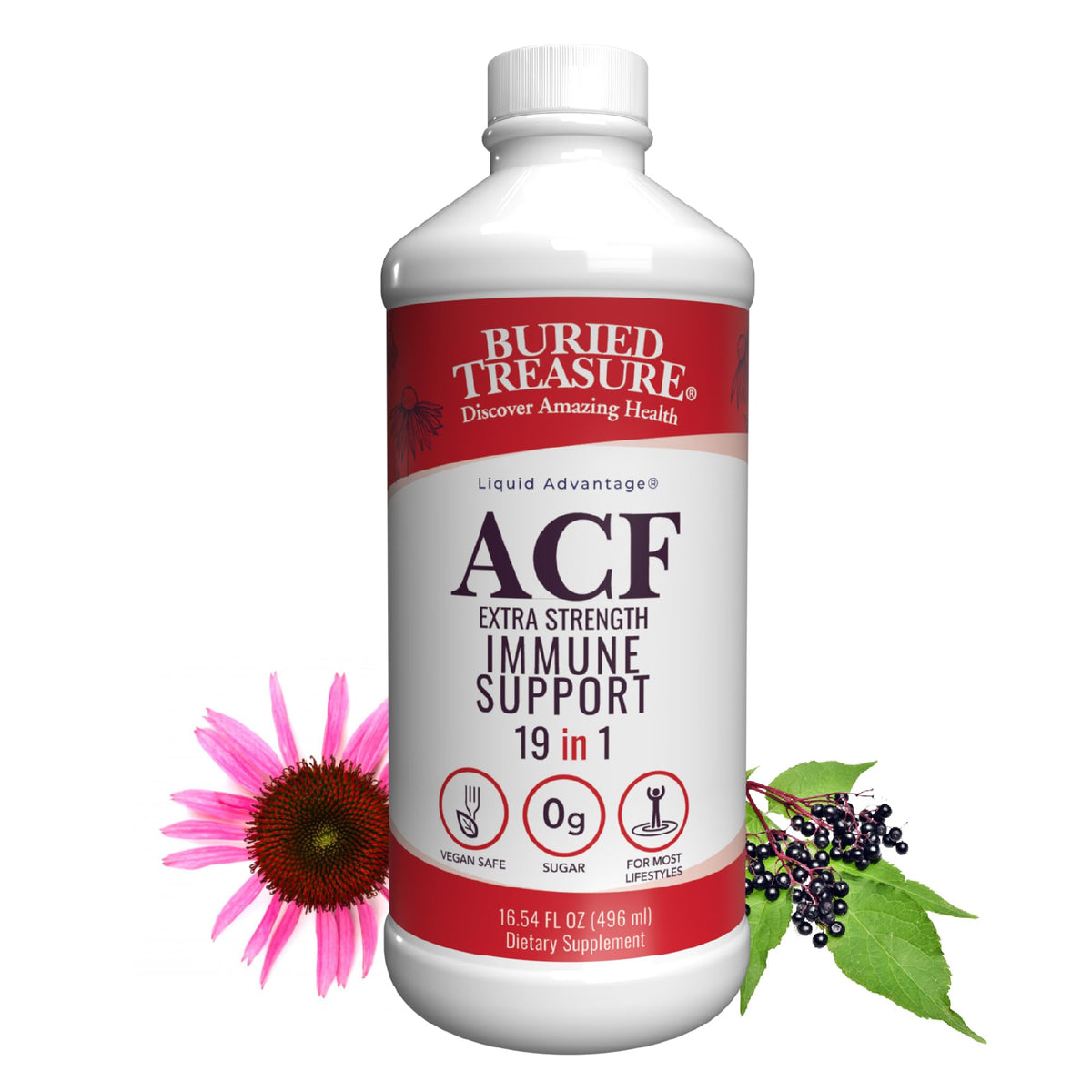 Buried Treasure ACF liquid immune support bottle showing the vitamin rich formula for seasonal wellness