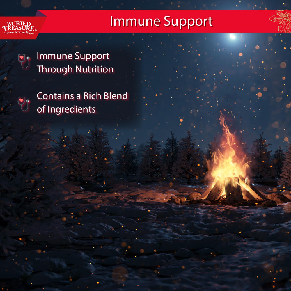 Buried Treasure ACF liquid immune support label lists key ingredients including vitamin C and elderberry