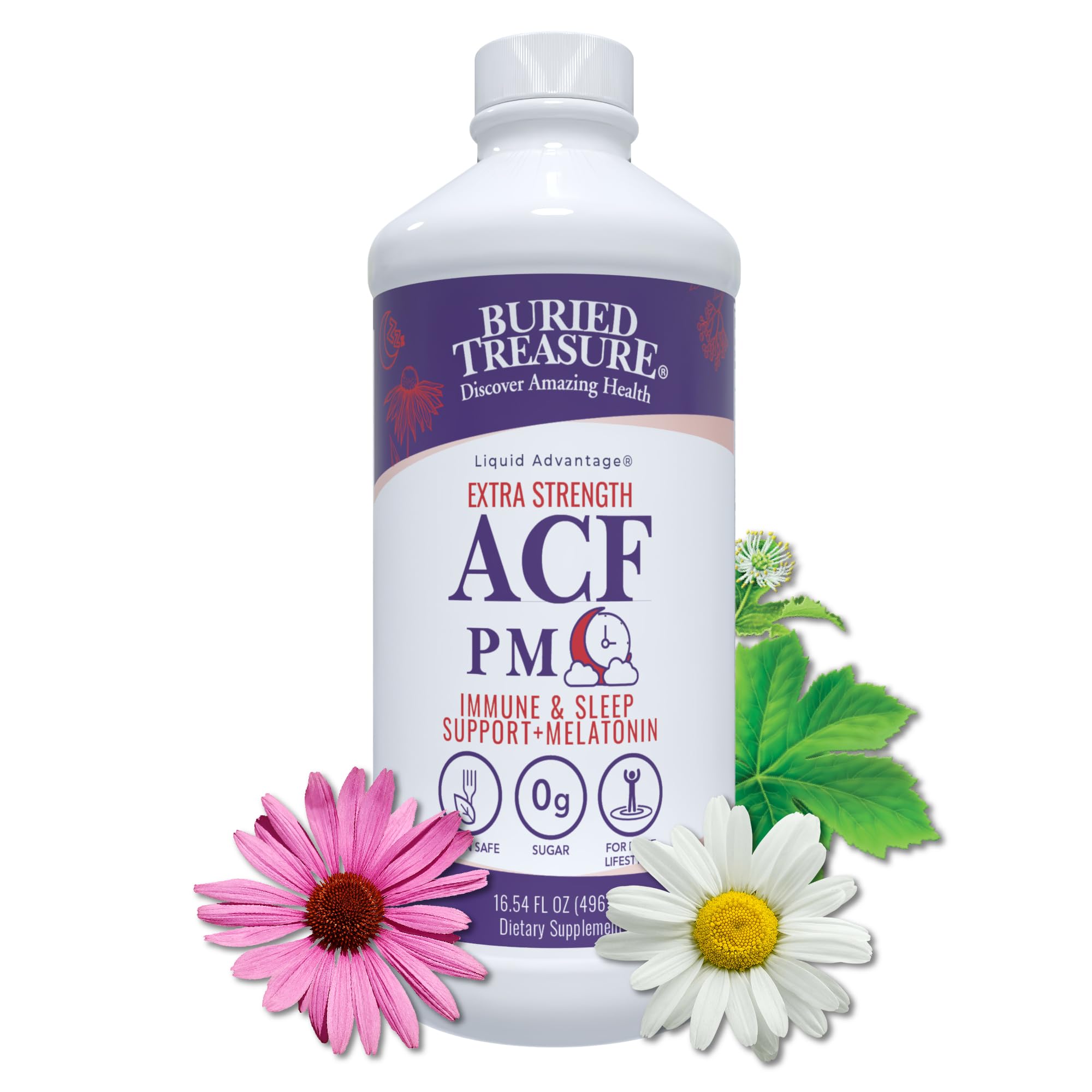 Buried Treasure ACF Extra Strength PM bottle shot highlights nighttime immune support.