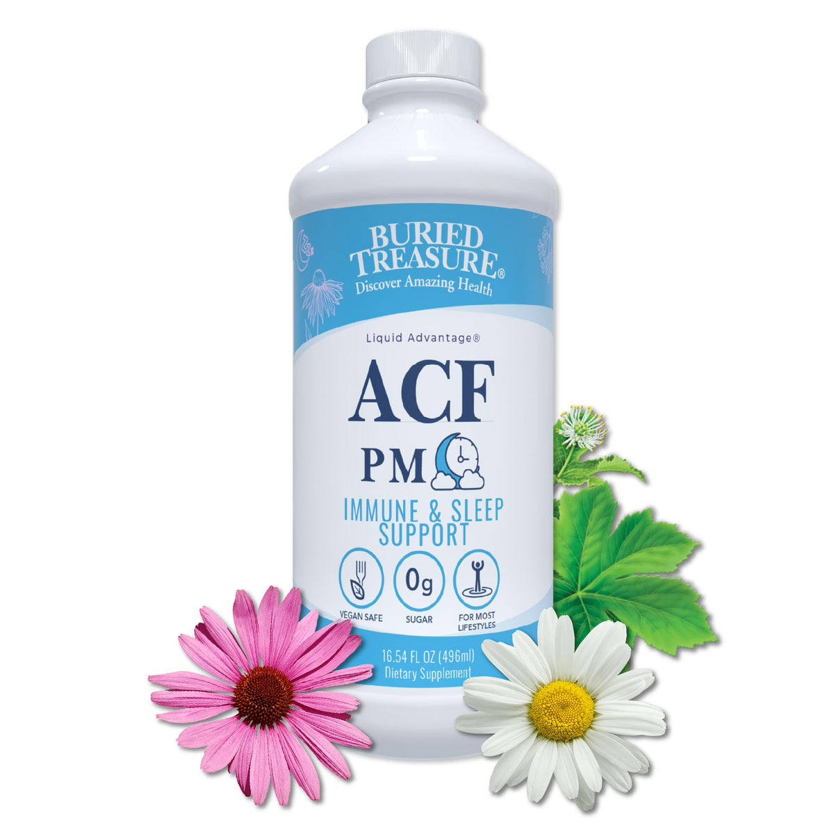 Buried Treasure ACF PM bottle front view for nighttime immune support.