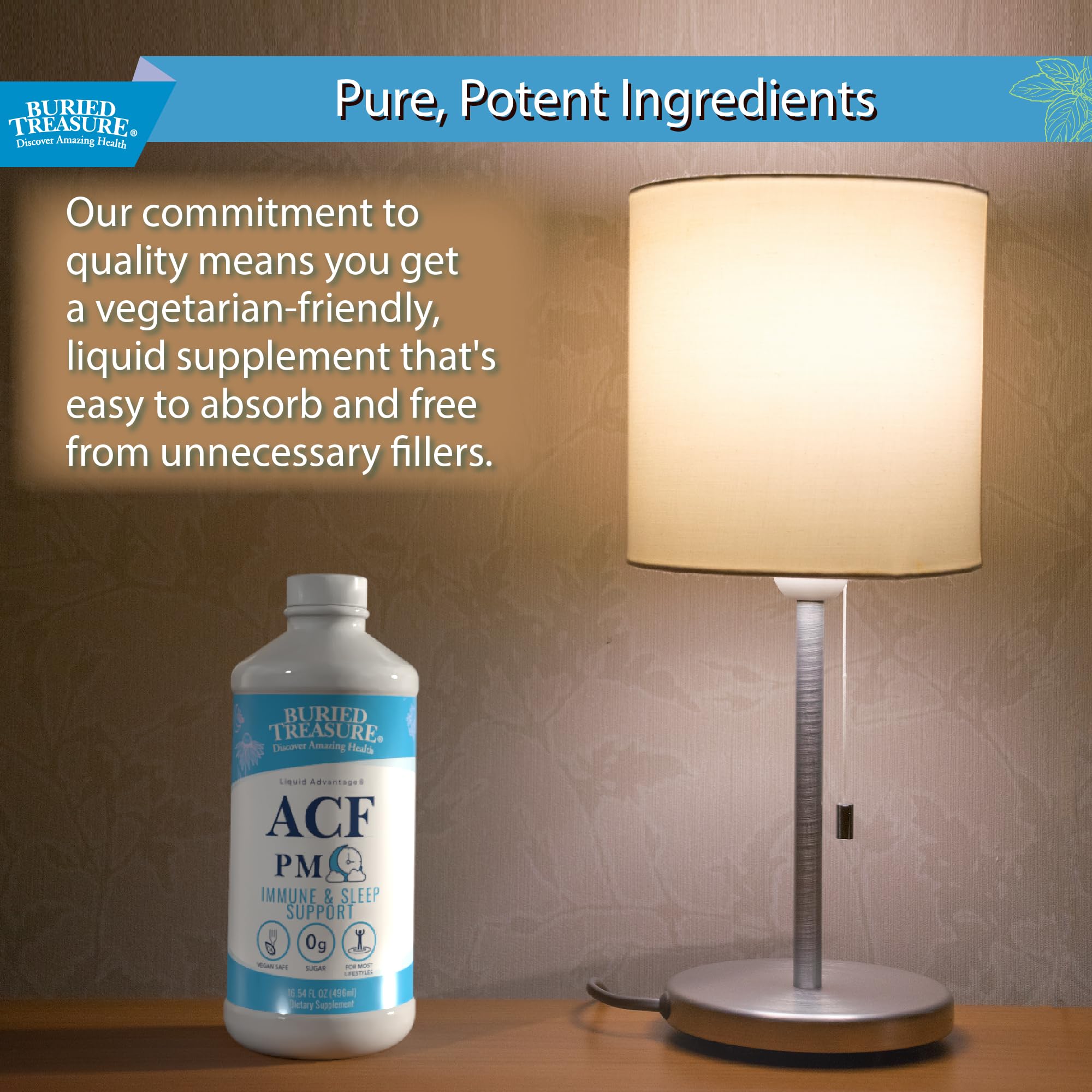 Packaging and bottle on a clean kitchen counter with Buried Treasure ACF PM.