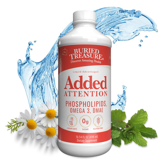 Buried Treasure Added Attention bottle showing the brain-support formula for focused study
