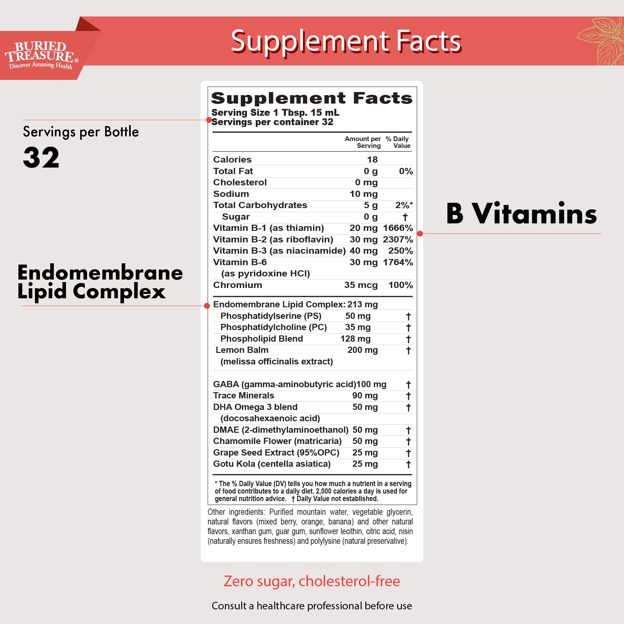 Buried Treasure Added Attention ingredients list highlighting DHA and vitamins for learning