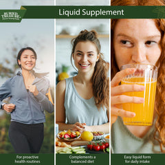 Dosing assist image suggests simple daily use with a glass of water.