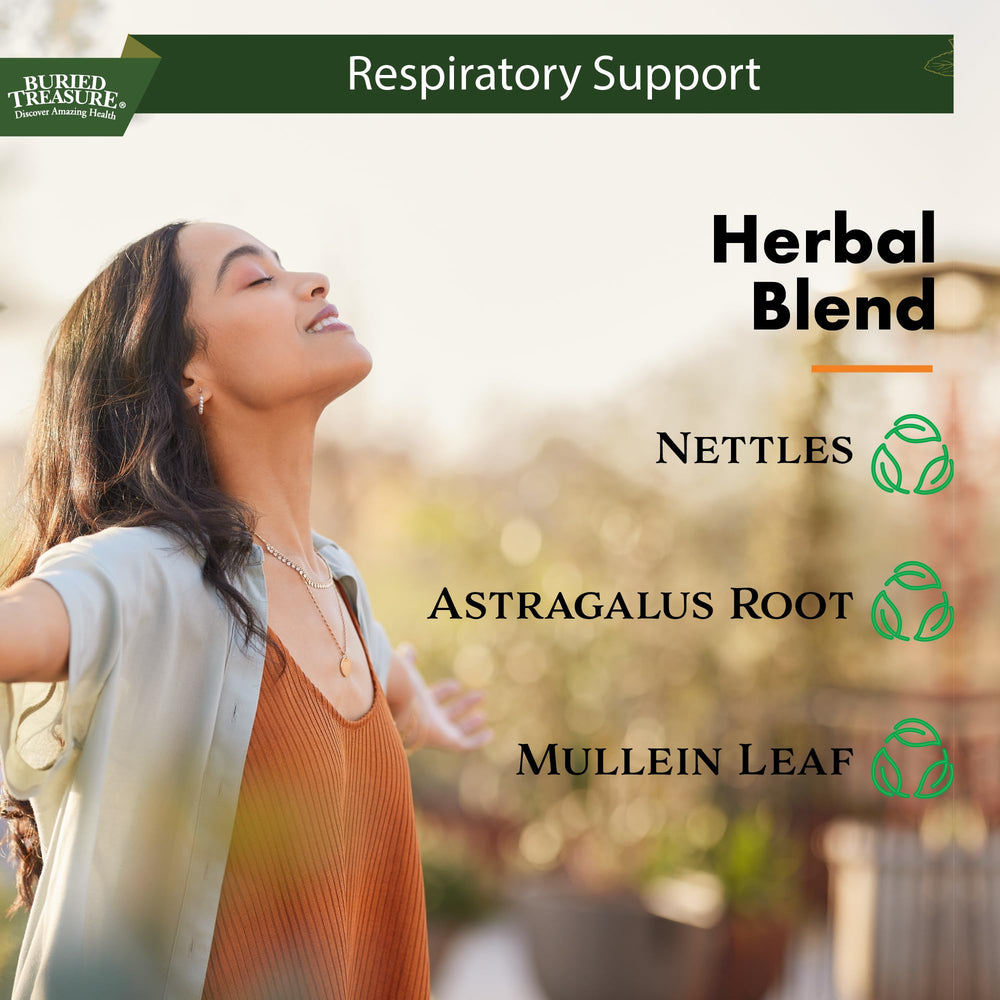 Ingredients panel presents nettles and mullein leaf for natural respiratory function.