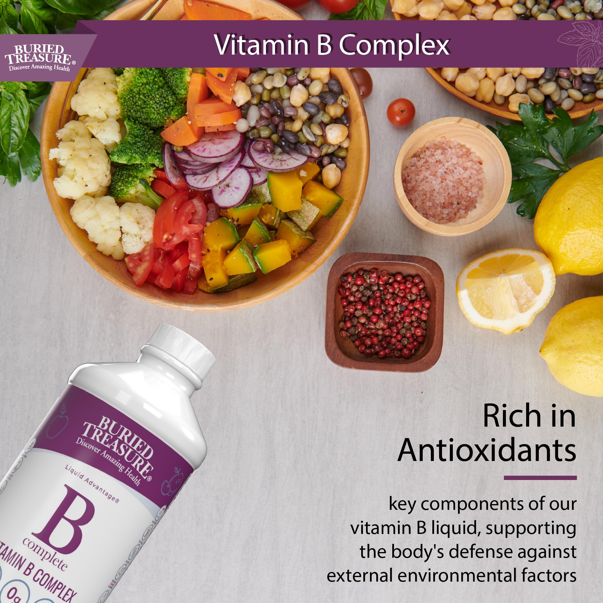 Buried Treasure B Complete ingredient chart reveals key B vitamins for balanced intake.