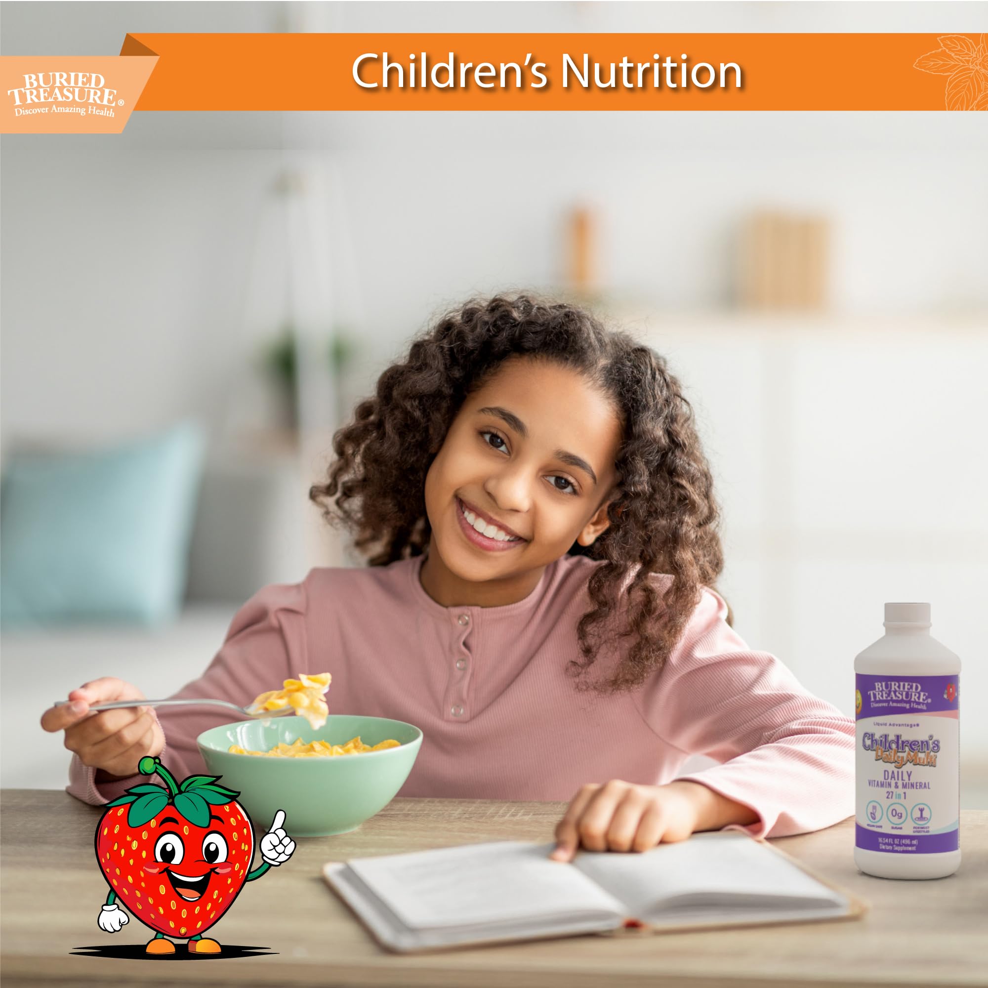 Child smiles while taking Buried Treasure liquid multivitamin with dose cup