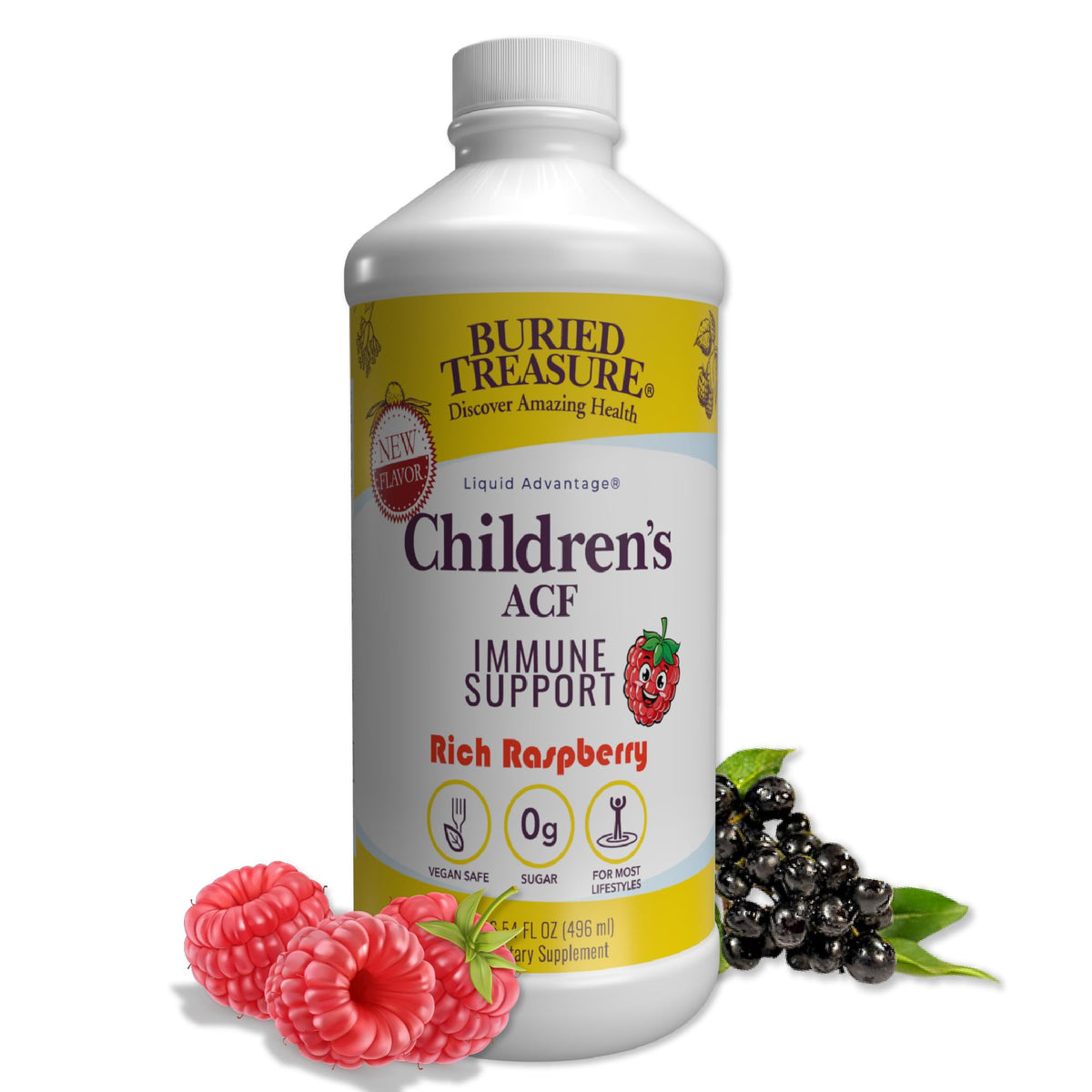 Buried Treasure ACF bottle with raspberry flavor supports kid-friendly routines.