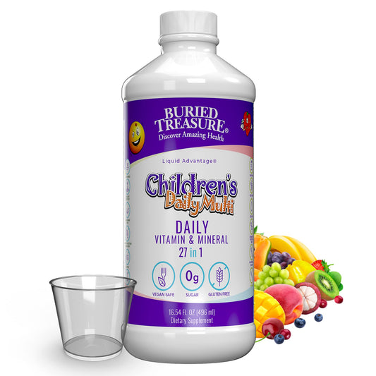 Buried Treasure children's liquid multivitamin bottle with dose cup for precise daily servings
