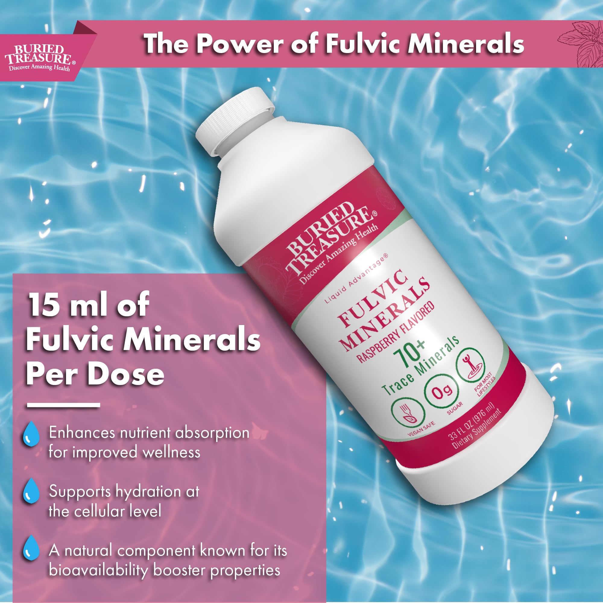 Buried Treasure Fulvic Mineral Complex ingredients list showing non-GMO minerals.