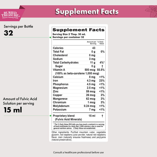Buried Treasure Fulvic Mineral Complex label close-up highlighting plant-derived minerals.