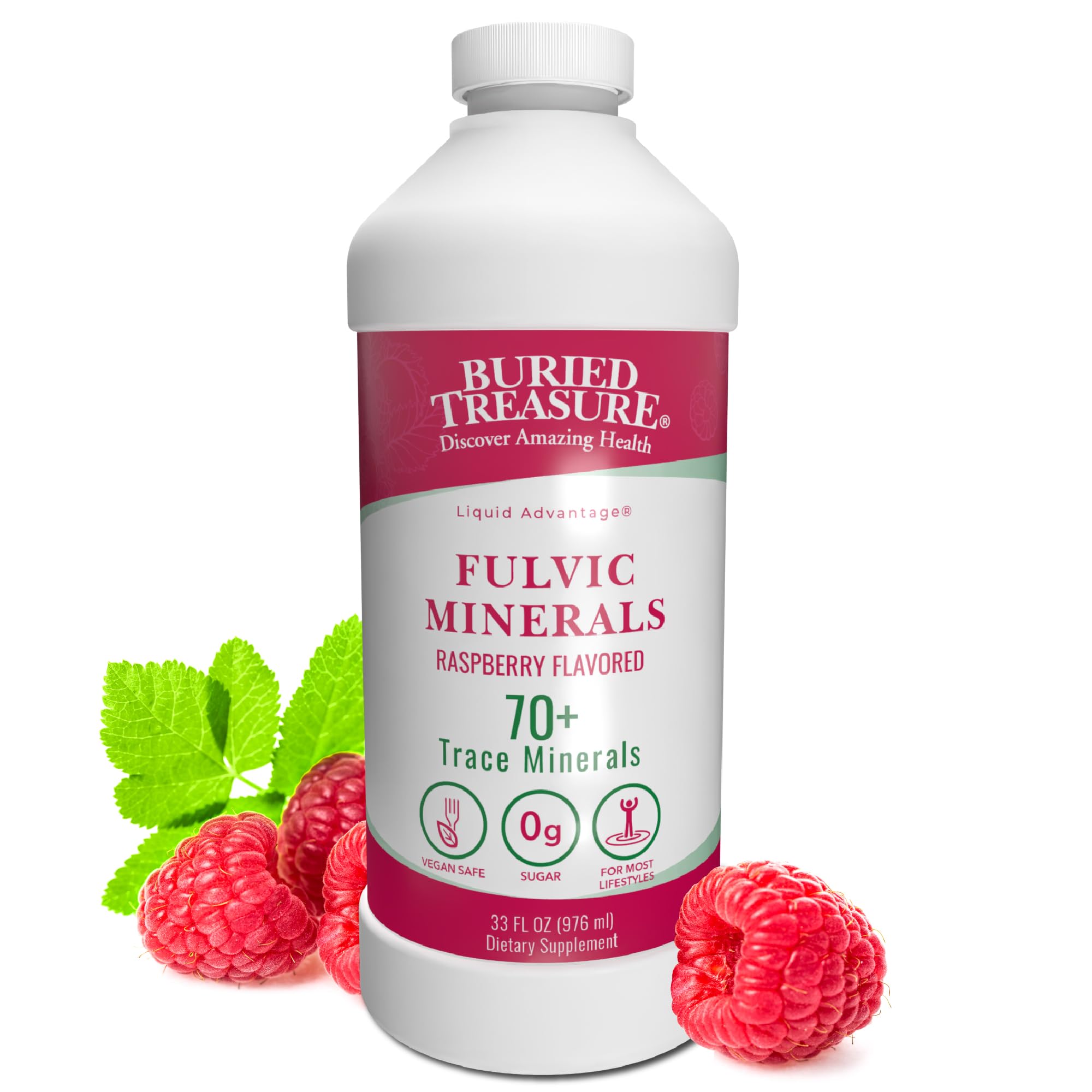 Buried Treasure Fulvic Mineral Complex raspberry flavor bottle pour for natural hydration.